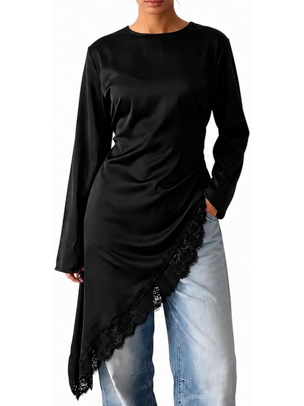 Lace Trim Satin Tunic Top for Women - Long Sleeve, Asymmetrical Hem, Back Tie